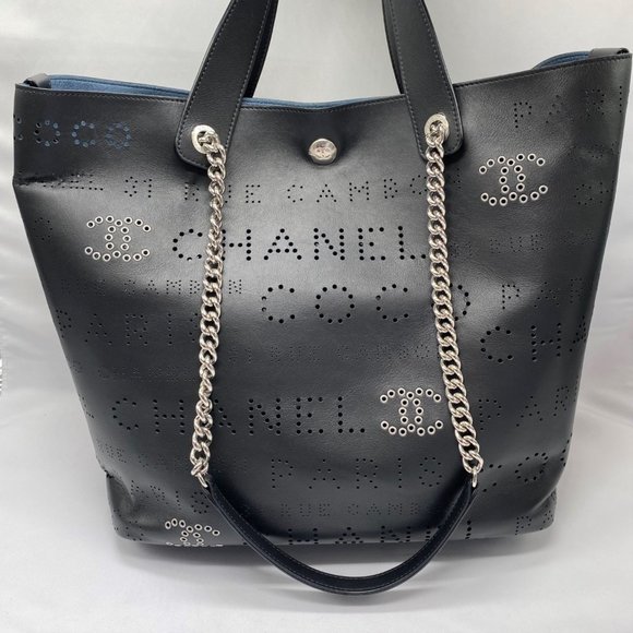 Chanel Black Logo Eyelets Shopping Tote Perforated Calfskin with Silver Hardware - Picture 3 of 14